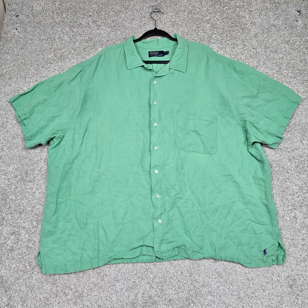 Polo Ralph Lauren Camp Shirt Mens 3XL‎ Green Linen Silk blend S/S button boxy